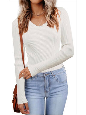 NEW LUXVEER V Neck Scalloped Sweater Long Sleeve Lightweight XL